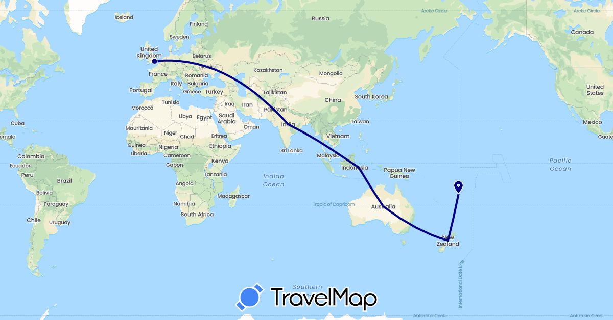 TravelMap itinerary: driving in Australia, Fiji, United Kingdom, Indonesia, India, New Zealand (Asia, Europe, Oceania)